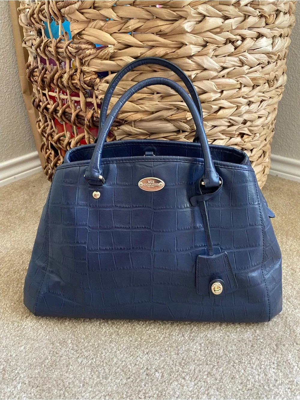 COACH Margot Carryall Purse Midnight Blue Croc-Embossed Leather Designer